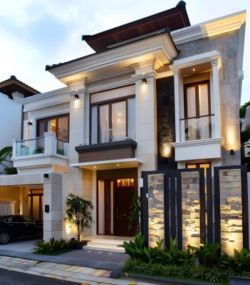 Modern Luxury Home Exterior With Stone Facade And Garden
